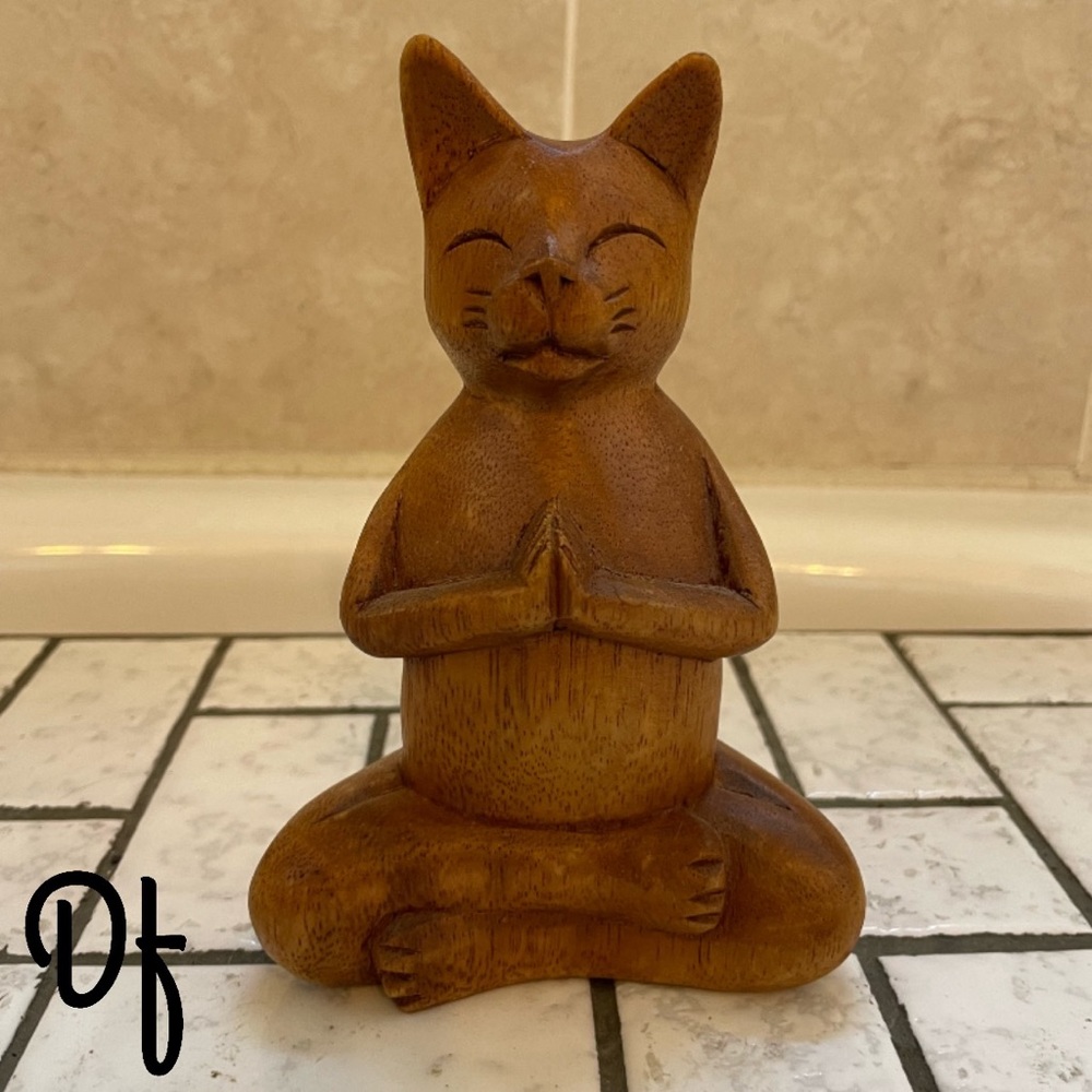 Wooden Cat Meditating Yoga Sculpture